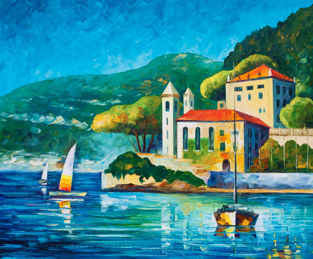 Italy Lake Como - Villa Balbianello — Print On Canvas By Leonid Afremov - Size 36" X 30" (90cm X 75cm)