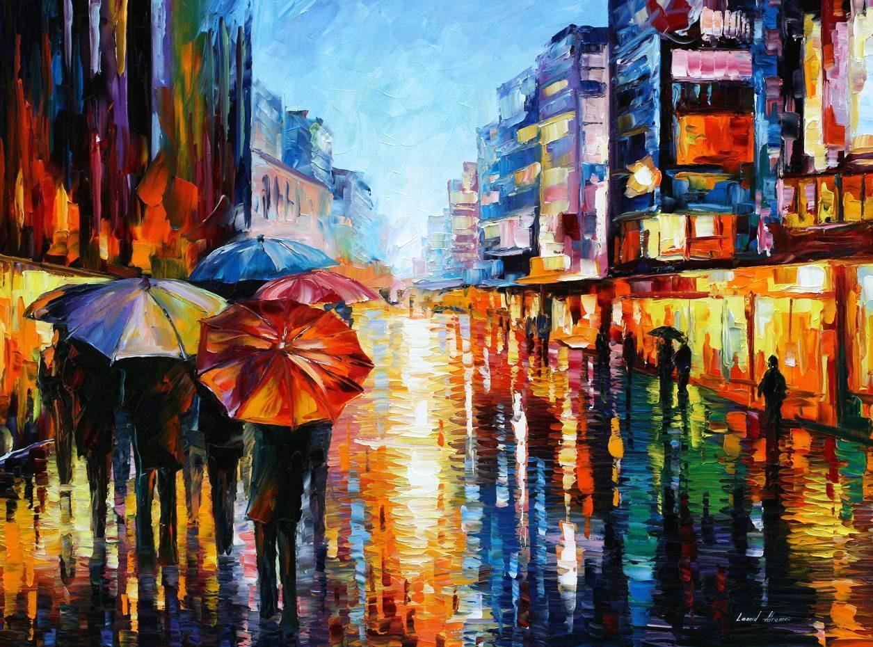 Night Umbrellas — Print On Canvas By Leonid Afremov - Size 40" X 30" (100cm X 75cm)